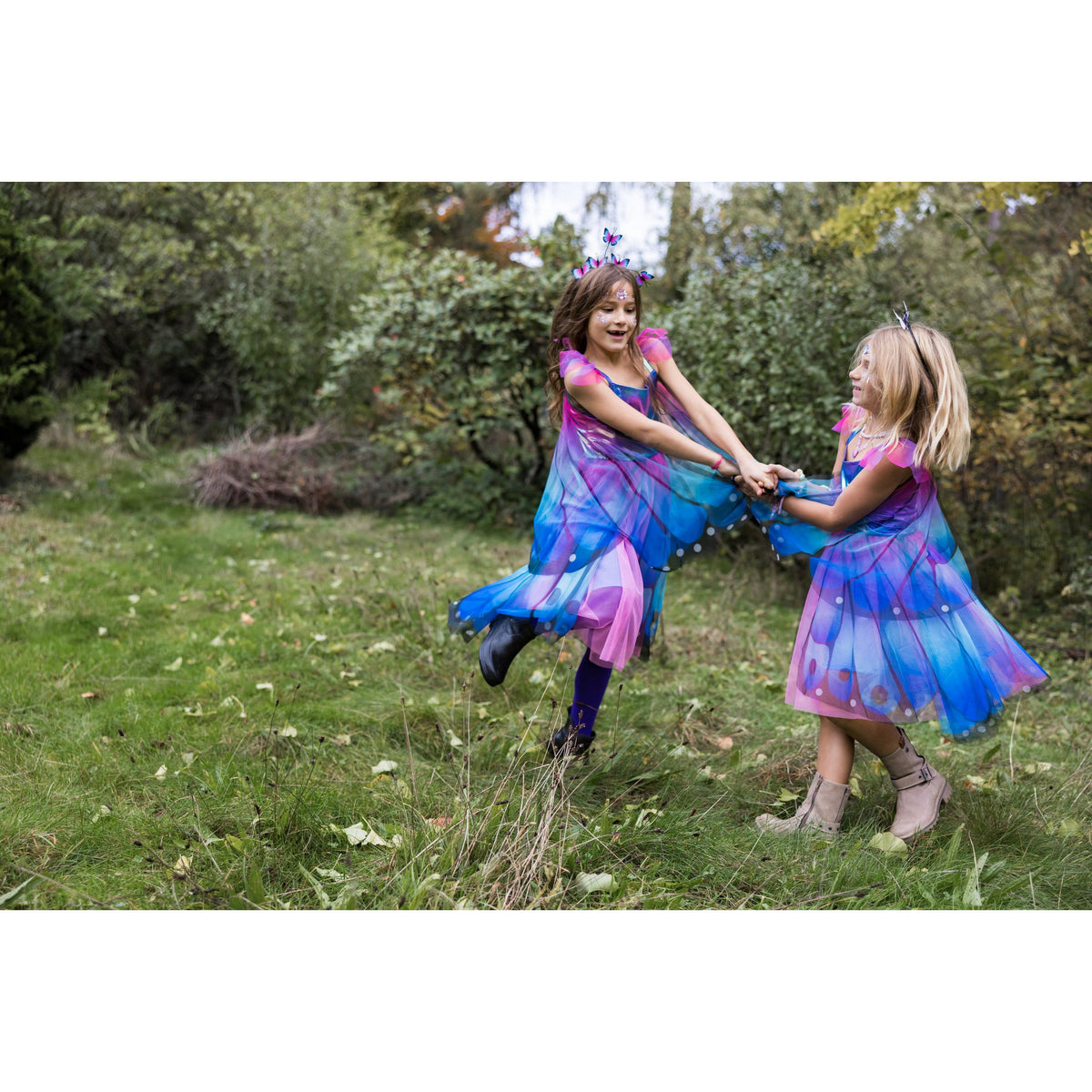 תחפושת 3-4 -  שמלת פרפר כחולה מסתובבת + קשת וכנפיים