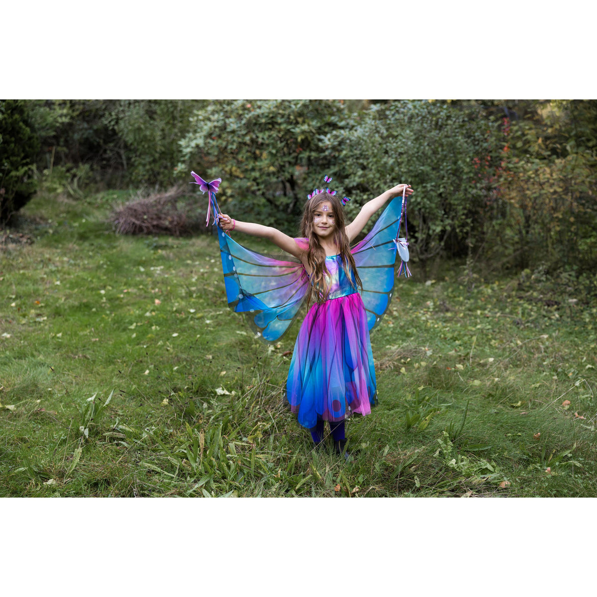 תחפושת 3-4 -  שמלת פרפר כחולה מסתובבת + קשת וכנפיים