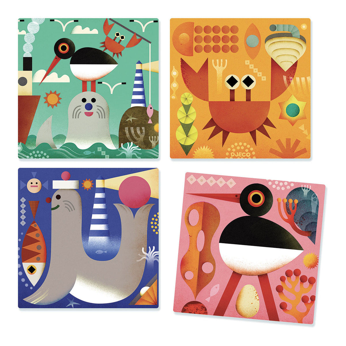 פאזל קוביות עץ על עמודים - חיות הים